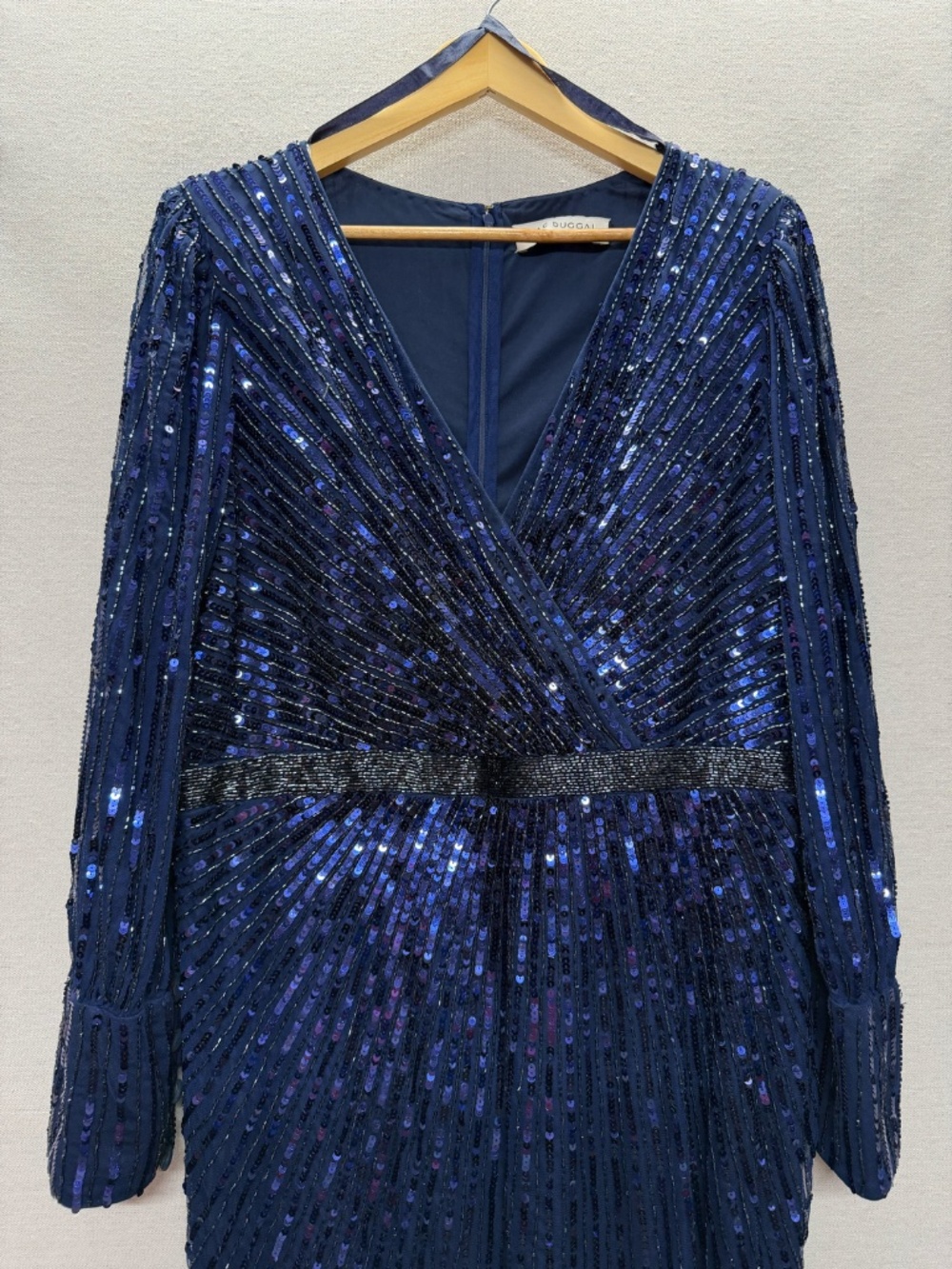 NWT Mac Duggal Sequined Wrap Over Bishop Sleeve Gown - size 16 - Picture 6 of 9